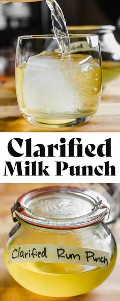 clarified milk punch is being poured into a glass pitcher