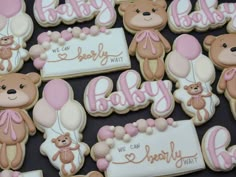 baby shower cookies with teddy bears and balloons