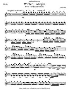 sheet music for violin with the words winter allegro written in black and white