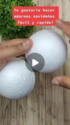 two hands holding three white eggs on top of a wooden table next to a potted plant