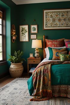 Create a modern and simple bedroom with emerald green touches. A green velvet headboard, paired with crisp white bedding, creates a luxurious yet minimalist vibe. Perfect for adding a pop of color to neutral spaces. #ModernBedroom #EmeraldGreenIdeas #MinimalistDecor 💚🛋️ Moody Bedroom Ideas, Sage Green Bedroom, Moody Bedroom, Budget Bedroom, Dark Furniture, Pink Bedrooms, Green Walls, Woman Bedroom, Vintage Bedroom