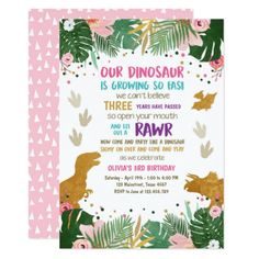 dinosaur birthday party card with pink and green leaves