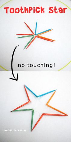 there are two different colored toothpicks in the shape of a star and no touching