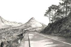 a black and white drawing of a mountain road