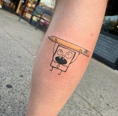 Tattoo of Doodlebob on the calf.  #doodlebob #spongebob #spongebobmeme #spongebobfanart #patrick #parrickstar #mrkrabs #plankton #bikinibottom #spongebobtattoo #doodlebobtattoo Me Hoy Minoy Tattoo, Bullseye Tattoo, Spongebob Tattoo, Square Tattoo, Small Star Tattoos, Inner Forearm Tattoo, Fountain Square, Doodle Tattoo, Mermaid Tattoos