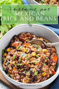 mexican rice and beans in a white bowl on a wooden board with text overlay