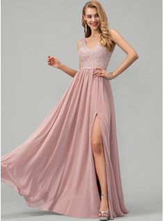 A-Line Scoop Neck Floor-Length Chiffon Prom Dresses With Lace Beading Sequins (018175912) - JJ's House Early Summer Wedding, Graduation Things, Split Prom Dresses, V Neck Prom Dresses, Floor Length Prom Dresses, Sequin Prom Dress, Bride Outfits