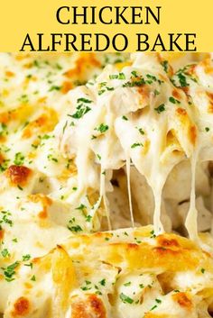 chicken alfredo bake in a blue casserole dish with a serving spoon scooping out