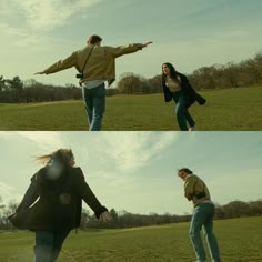 two people are playing with a frisbee in a field and one person is throwing the frisbee