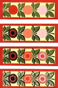 three red and yellow wall hangings with floral designs on them, each one painted in different colors