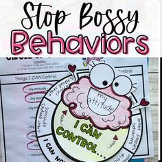 a poster with the words stop bossy behavior and an image of a cartoon character on it