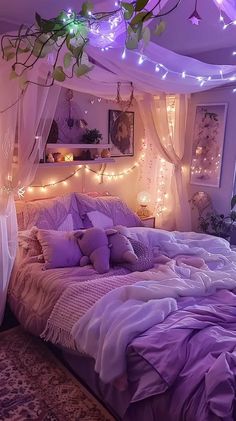 a bed room with a neatly made bed and lots of lights