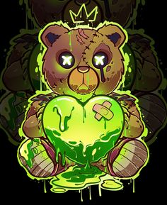 a teddy bear holding a green heart in his hands