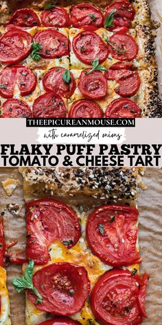 Puff pastry topped with caramelized onions, cheddar cheese, fresh thyme, garlic, sliced tomatoes and everything bagel seasoning. Puff Pastry Tomato Tart, Puff Pastry Ingredients, Puff Pastry Dough, Spicy Salmon, Quick And Easy Appetizers