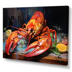 a painting of lobsters on a table with lemon wedges and other food items