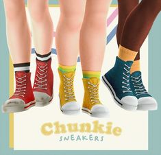 three pairs of colorful shoes with the words chunkie sneakers on them are shown