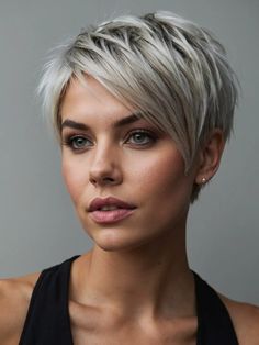 Pixie Haircut And Color Ideas, Pixie Hair Fine Hair, Platinum Pixie Haircut, Blonde Pixie Haircut Short Fine Hair, Edgy Short Haircuts For Thick Hair, Short Funky Pixie Haircut, Long Pixie Haircut For Thick Hair, Pixie Cut 2024, Pixie Haircut 2024