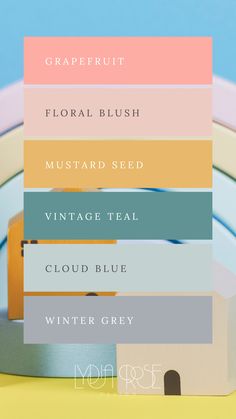 Rainbow pastel color palette featuring bright pink, blush pink, mustard yellow, teal, dusty blue, and grey, ideal for small business branding or wedding themes, showcasing a harmonious blend of vibrant and elegant hues. Mustard Pallete Color, Blue Yellow Colour Palette, Colour Palette Pink, Pastels Color Palette, Trending Color Palettes, Bright Pink Blush, Yellow Colour Palette, Blue Logo Design, Teal Color Palette