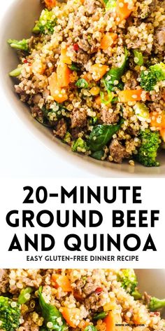 a bowl full of ground beef and quinoa with broccoli in it