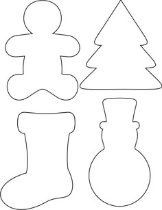 the cut out shapes for christmas stockings, snowman and tree are shown in black and white