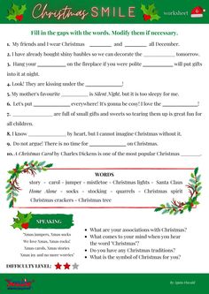 the christmas smile worksheet is shown in green and red with holly wreaths on it