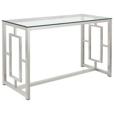 a glass and metal console table against a white background with an open design at the bottom