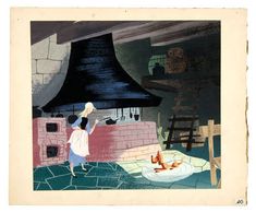 an illustration of a woman standing in front of a brick oven with a dog laying on the floor