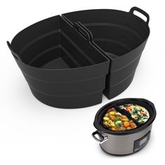 an image of two black pots and one pan with food in it on white background