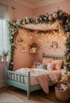 a bedroom decorated with flowers and lights