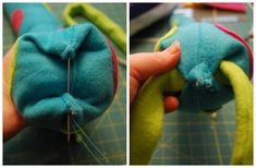 two pictures show the process of making a stuffed animal