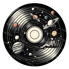 an illustration of the solar system in black and white with planets, stars and saturn on it