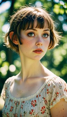 a woman with freckled hair and blue eyes is looking at the camera while standing in front of trees