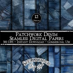 patchwork denim seamless digital papers with text overlaying the top and bottom