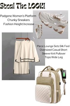 Get the look! A beige outfit, height increase sneakers and a khaki laptop bag 😍. All Linked ! 
#fashion #aesthetic #backtoschooloutfits Outfit Inspo Modest, Height Increase, Beige Outfit, Sleep And Loungewear, Back To School Outfits, Fashion Aesthetic, Brown Beige, College Outfits