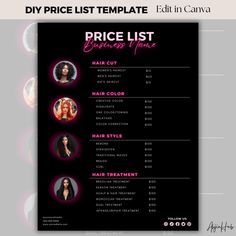 the price list for this hair salon is shown in black and pink, with images of women