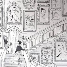 a black and white drawing of people walking up the stairs in front of pictures on the wall