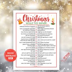 christmas would you rather have? printable holiday wording game for adults and children