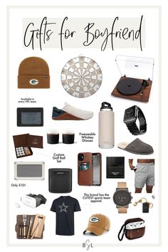 the gift guide for boyfriends is shown in this poster, which includes items from his personal