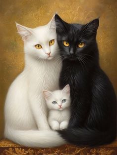 two black and white cats sitting next to each other on a gold clothed surface