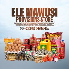 an advertisement for some food products on the side of a wall with words that read el mawusi provisions store