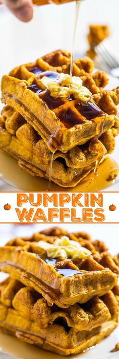 pumpkin waffles with syrup being drizzled on top