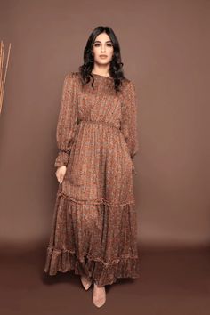 Alia Chiffon Lurex Dress-Brown – bzarina Maxi Dress Sleeves Design, Brown Pattern Dress, Brown Floral Maxi Dress, Maxi Dress Designs Ideas, Making Ruffles, Ui Ux Design Website, Ux Design Website, Brown Floral Dress, Romantic Silhouette