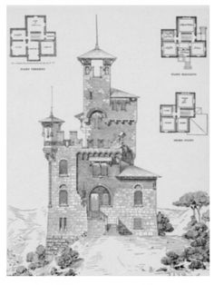 an old drawing of a castle with several rooms