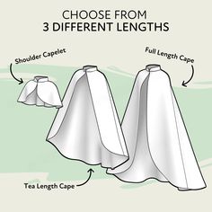 three different types of capes with the text choose from 3 different lengths, full length and