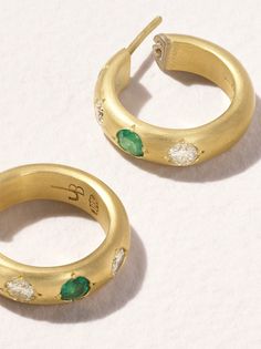 Find JENNA BLAKE 18-karat Gold, Diamond And Emerald Hoop Earrings on Editorialist. An homage to jewelry from the Victorian era, Jenna Blake's hoop earrings feature a setting in which gems are almost embedded into a piece with tiny prongs holding them in place. They're handmade from 18-karat gold and decorated with diamonds and emeralds that sparkle beautifully. Emerald Earrings, Diamond Hoop Earrings, Gold Hoops, Multi Stone, Turquoise Earrings, Gold Hoop, Gold Hoop Earrings, Victorian Era, Stone Earrings