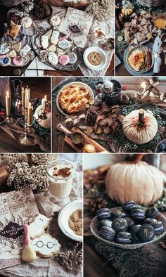 a collage of photos with food and candles