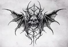 a black and white drawing of a skull with bats on it's back end