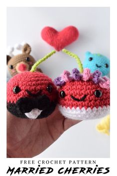 two crocheted cupcakes with faces are shown in front of the text, free crochet pattern married cherries