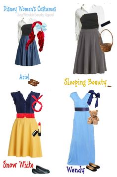 four different types of dresses and shoes with names in the bottom right corner, including snow white, disney's women's costumes