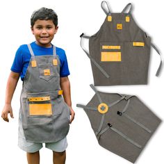 a young boy is wearing an apron and smiling